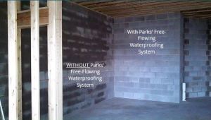 basement walls with and without Parks' Free-Flowing Waterproofing System