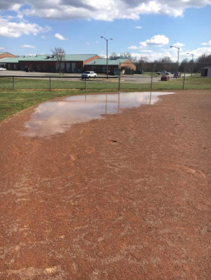 water ponded up on the school baseball field due to poor drainage